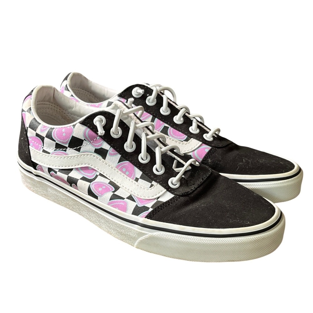 VANS WARD HAPPY CHECKERBOARD Lace-Up Sneakers BLACK/WHITE Purple Smiley Face 8.5